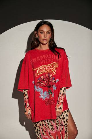 The Very Oversized Champagne Tattoo Tee - Red