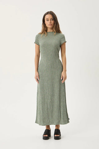 Elodie Seersucker Midi Dress - Base Deep Green Check