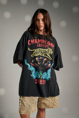 The Very Oversized Champagne Tattoo Tee - Black