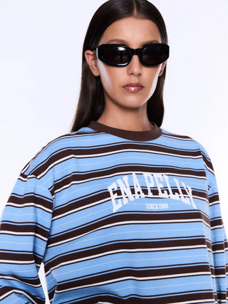 Maria Boxy Long Sleeve Tee - Blue/Brown Stripe