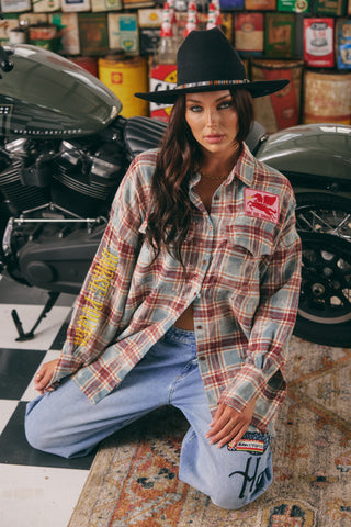The Horse Power Distressed Flannel Shirt - Burgundy