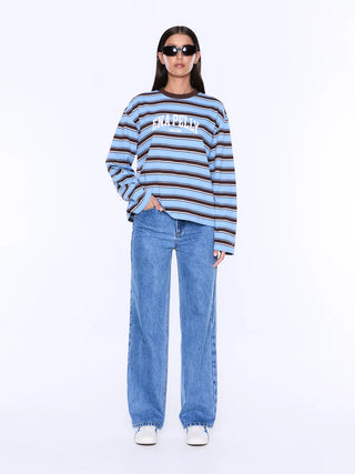 Maria Boxy Long Sleeve Tee - Blue/Brown Stripe