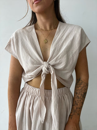 Linen Tie Front Top - Natural