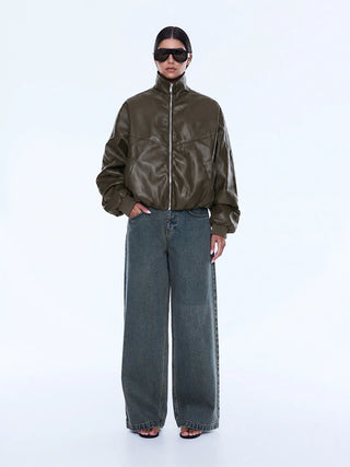 Khya Faux Leather Bomber - Olive