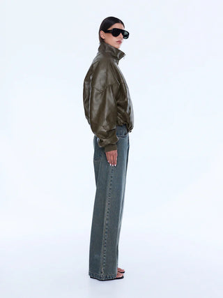 Khya Faux Leather Bomber - Olive