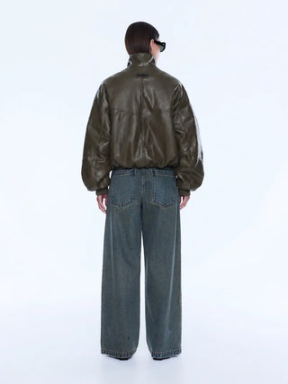 Khya Faux Leather Bomber - Olive