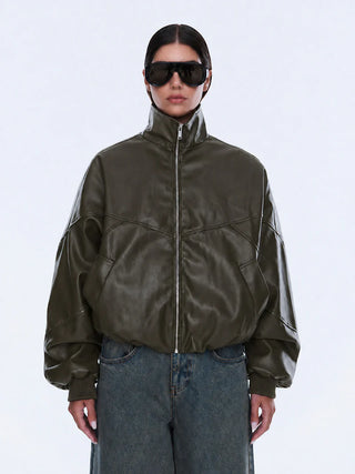 Khya Faux Leather Bomber - Olive