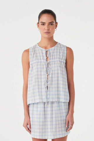 Camille Tie Top - Powder Blue Check