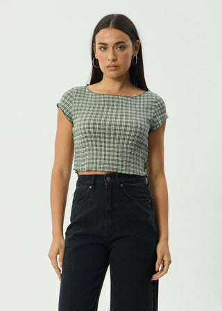 Darcy Base Hemp Seersucker Top - Deep Green check