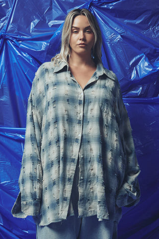 Be A Kind Human Oversized Shirt - Blue Check