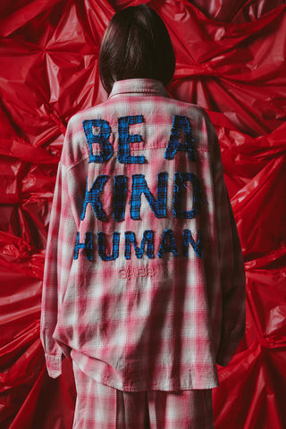 Be A Kind Human Oversized Shirt - Pink Check