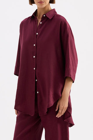 Lounge Linen Longline Shirt - Merlot