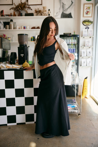 Bias Cut Linen Maxi Skirt - Black