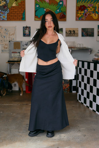 Bias Cut Linen Maxi Skirt - Black