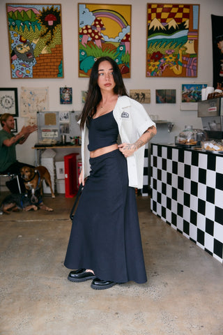 Bias Cut Linen Maxi Skirt - Black