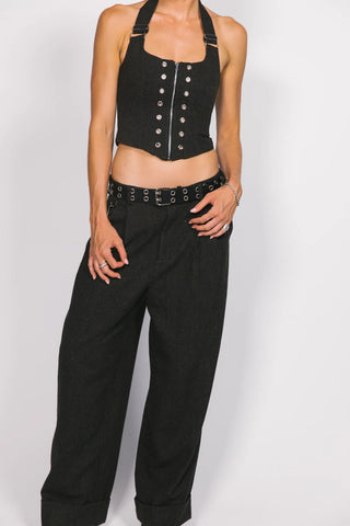 Wool Lace Up Halter Top - Charcoal