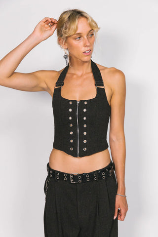 Wool Lace Up Halter Top - Charcoal