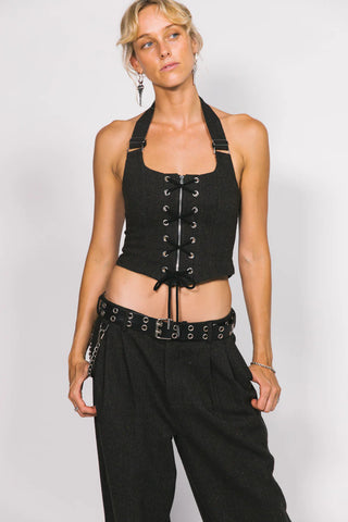 Wool Lace Up Halter Top - Charcoal