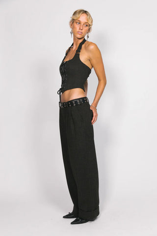 Wool Lace Up Halter Top - Charcoal