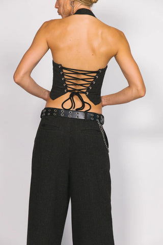 Wool Lace Up Halter Top - Charcoal