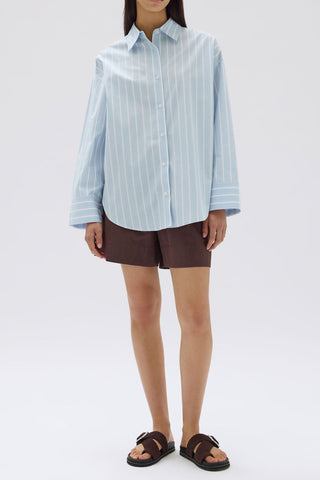 Addie Poplin Stripe Long Sleeve Shirt - Sora/White - Shirts & Tops - Assembly Label - The Soho Movement