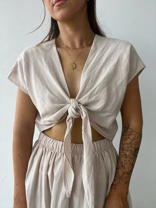 Linen Tie Front Top - Natural - The Soho Movement - The Soho Movement
