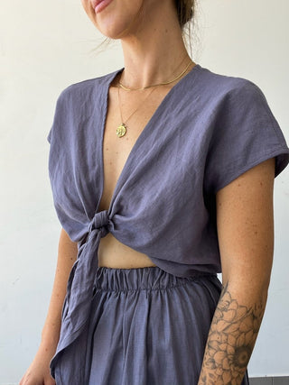 Linen Tie Front Top - Washed Navy - The Soho Movement - The Soho Movement
