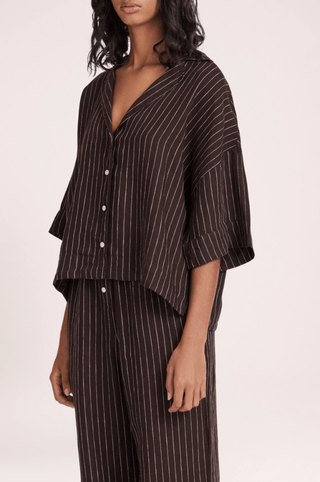 Lounge Stripe Linen Shirt - Raisin Stripe - Shirts & Tops - Nude Lucy - The Soho Movement