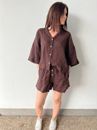 Lounge Stripe Linen Short - Raisin Stripe - Shorts - Nude Lucy - The Soho Movement