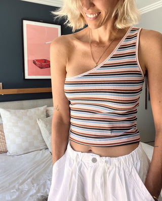 One Shoulder Tank - Brown/Pink Multi - Tank - The Soho Movement - The Soho Movement