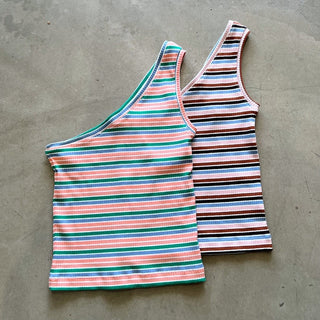 One Shoulder Tank - Coral/Green Multi - Tank - The Soho Movement - The Soho Movement